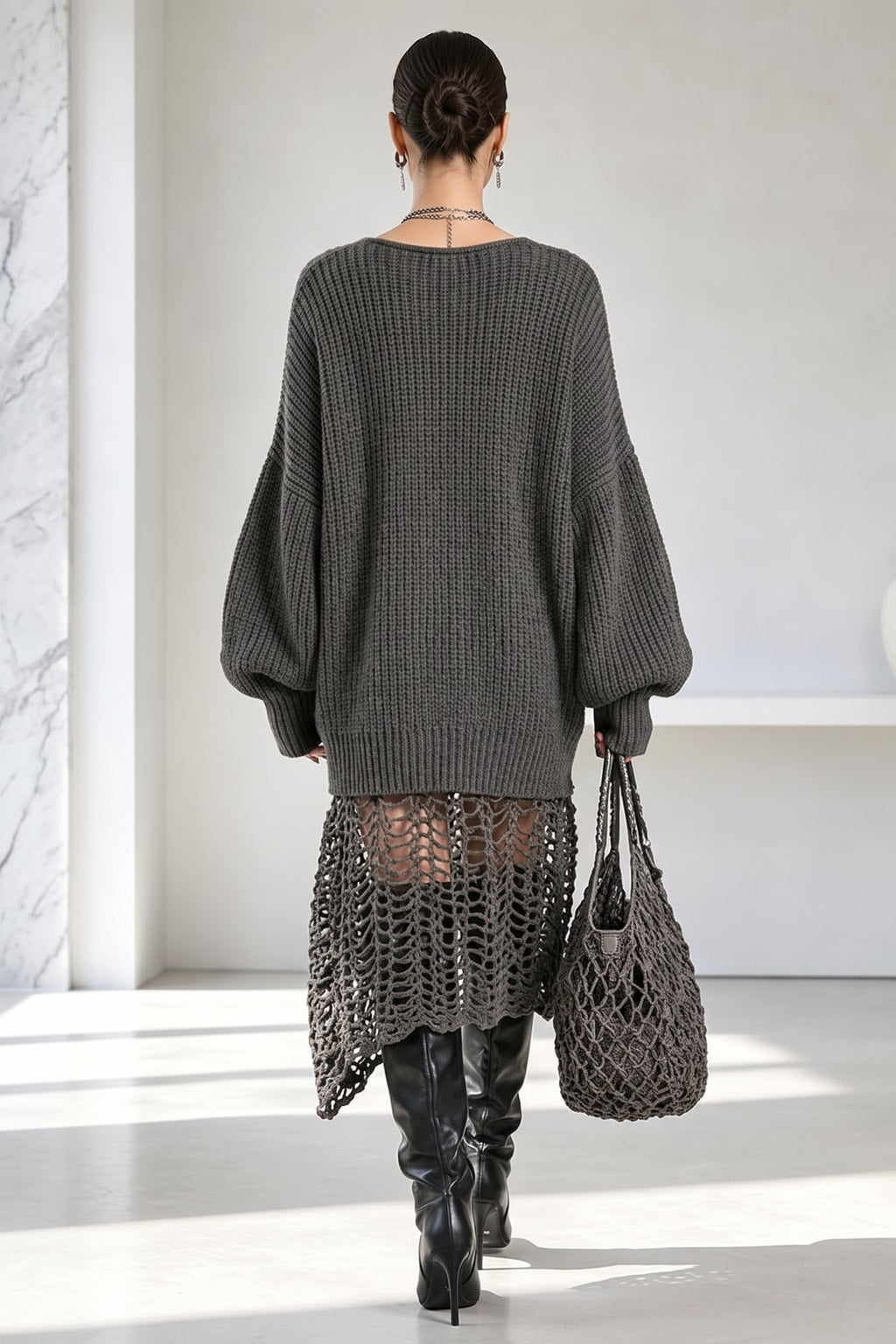 Knit Sweater Midi Dress With Asymmetrical Cutout Hem - 4