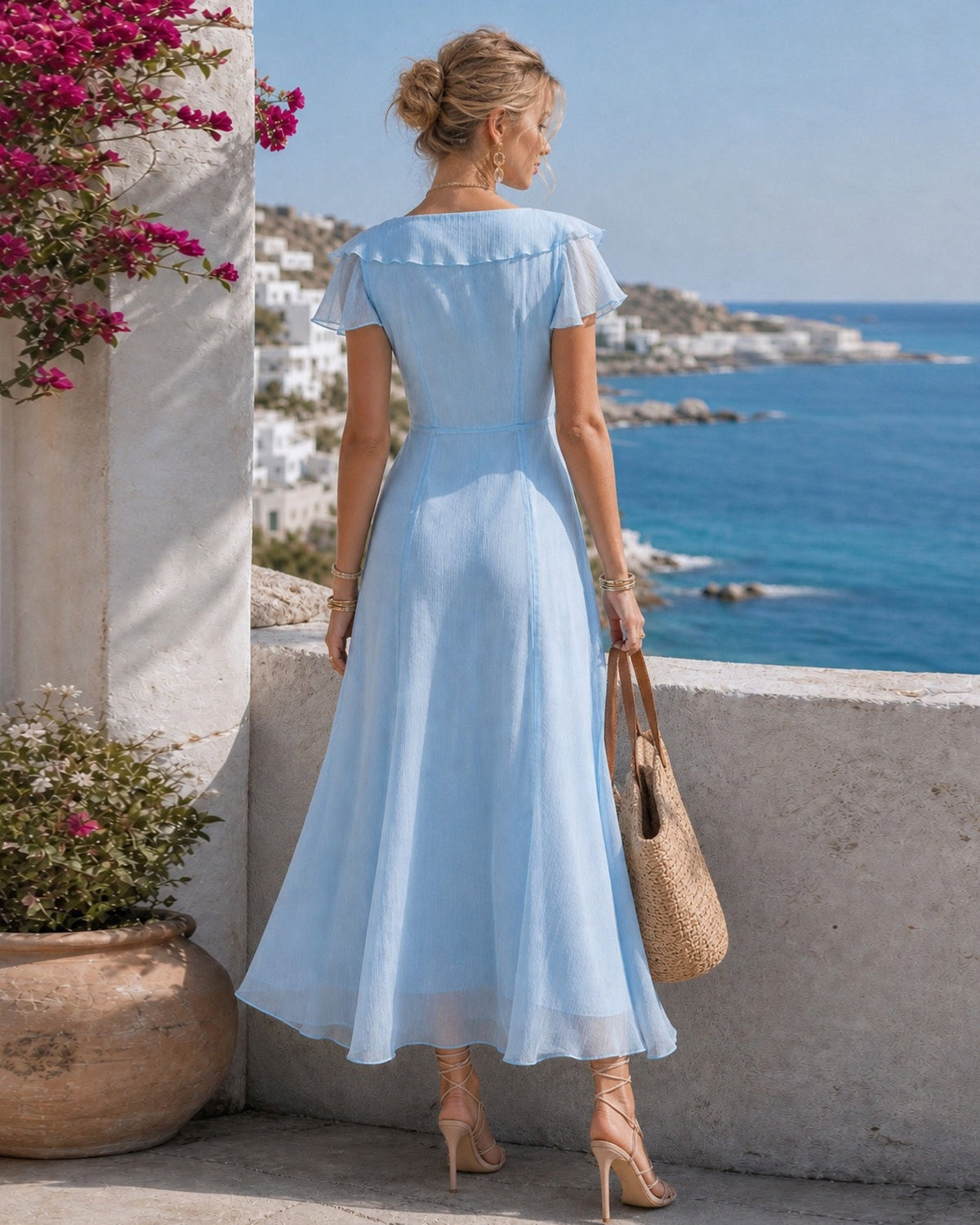 Blue Chiffon V-Neck Maxi Dress with Ruffle Tie - view 3