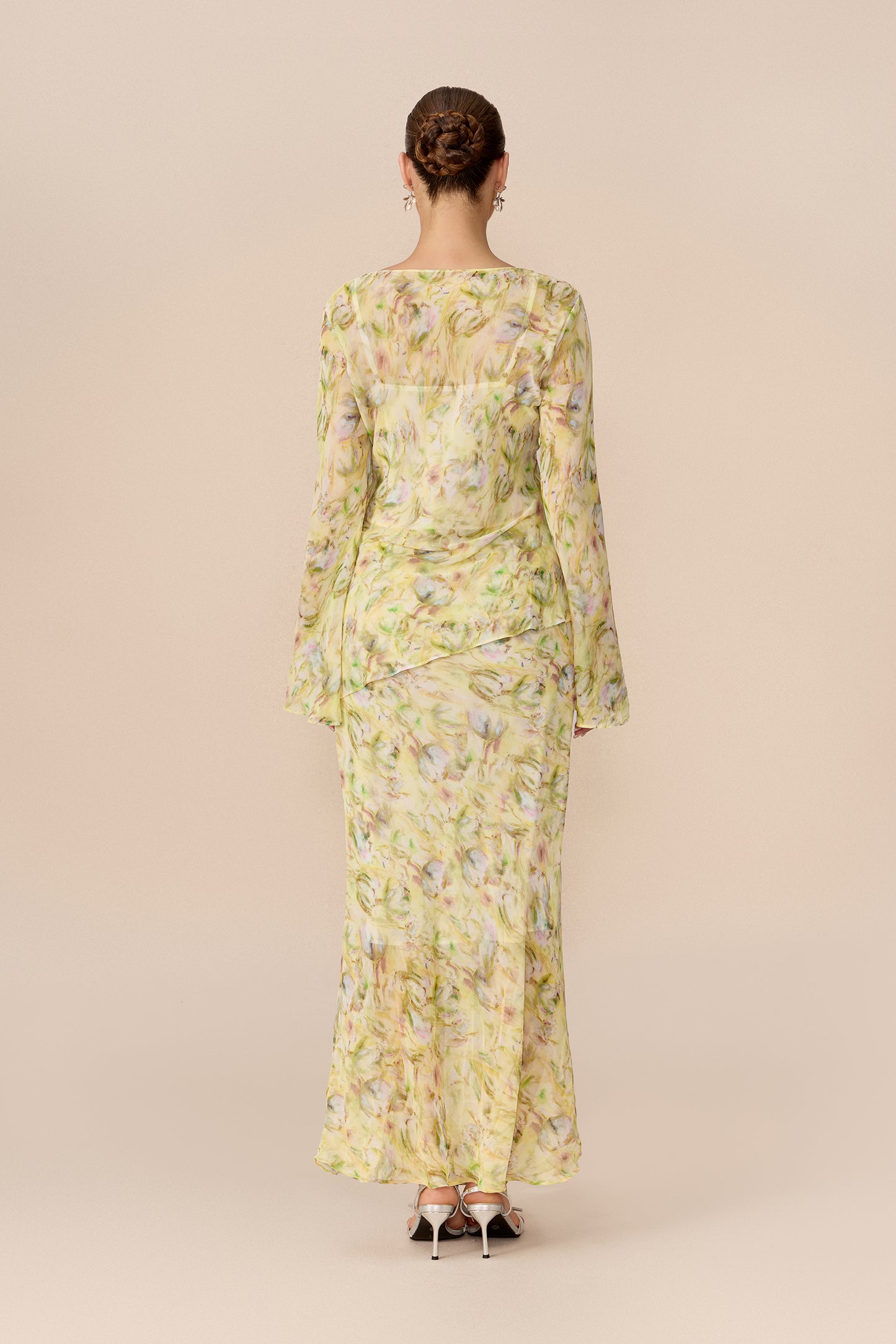 Yellow Floral Chiffon Top and Maxi Skirt Set - view 4