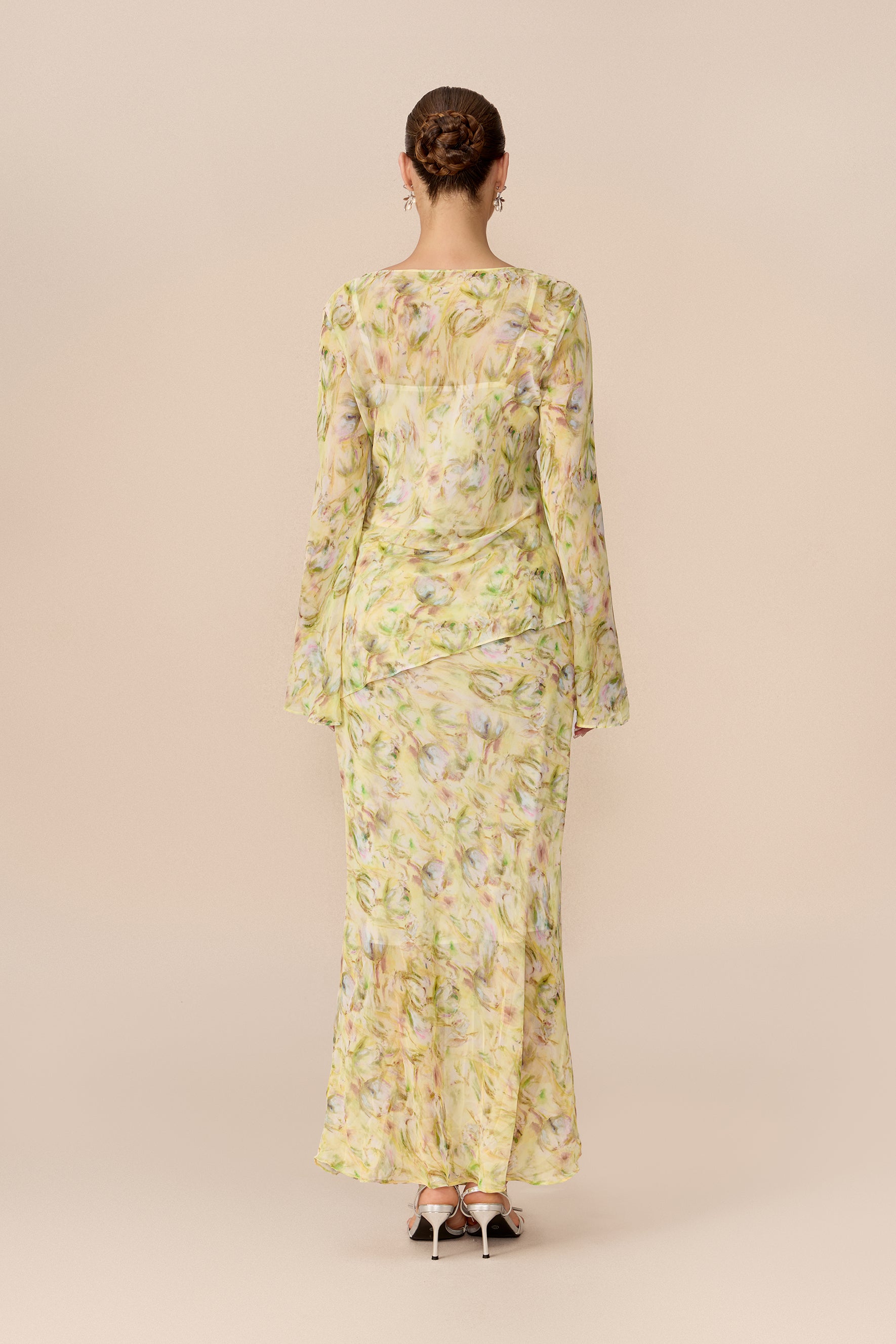 Yellow Floral Chiffon Top and Maxi Skirt Set - view 4