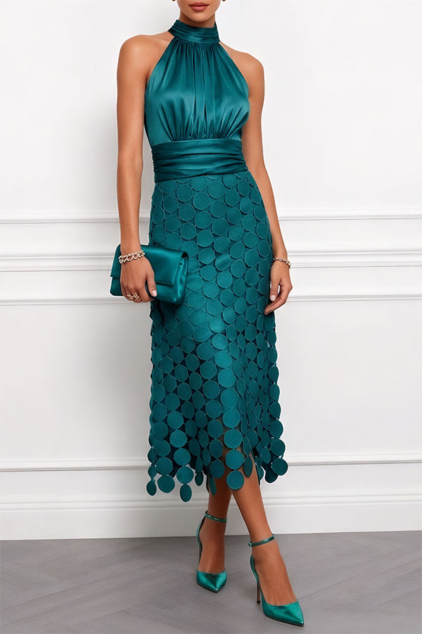 Satin ruched halter maxi dress with embroidered hem - view 7