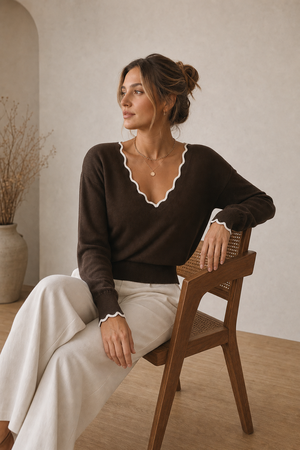 Brown wool blend knit sweater with scallop trim - view 5