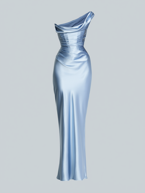 Satin one-shoulder pleated maxi dress
