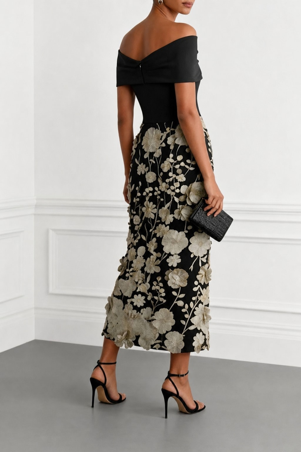 Black 3D Floral Applique Knit Off The Shoulder Short Sleeve Sheath Midi Dress - 4