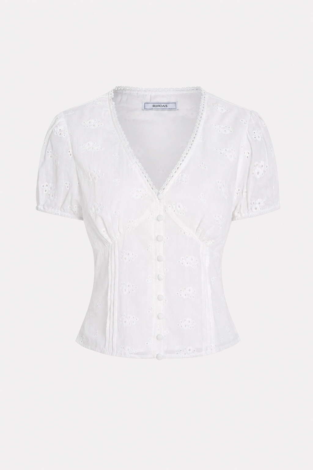 White V-neck puffed sleeve floral cotton tee