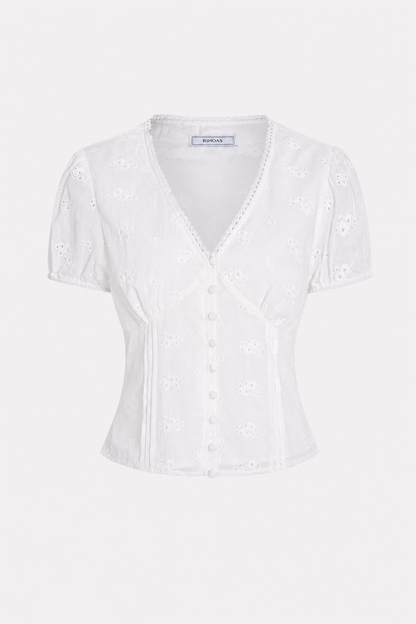 White V-neck puffed sleeve floral cotton tee