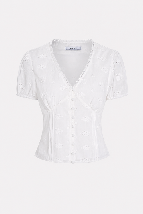 White V-neck puffed sleeve floral cotton tee