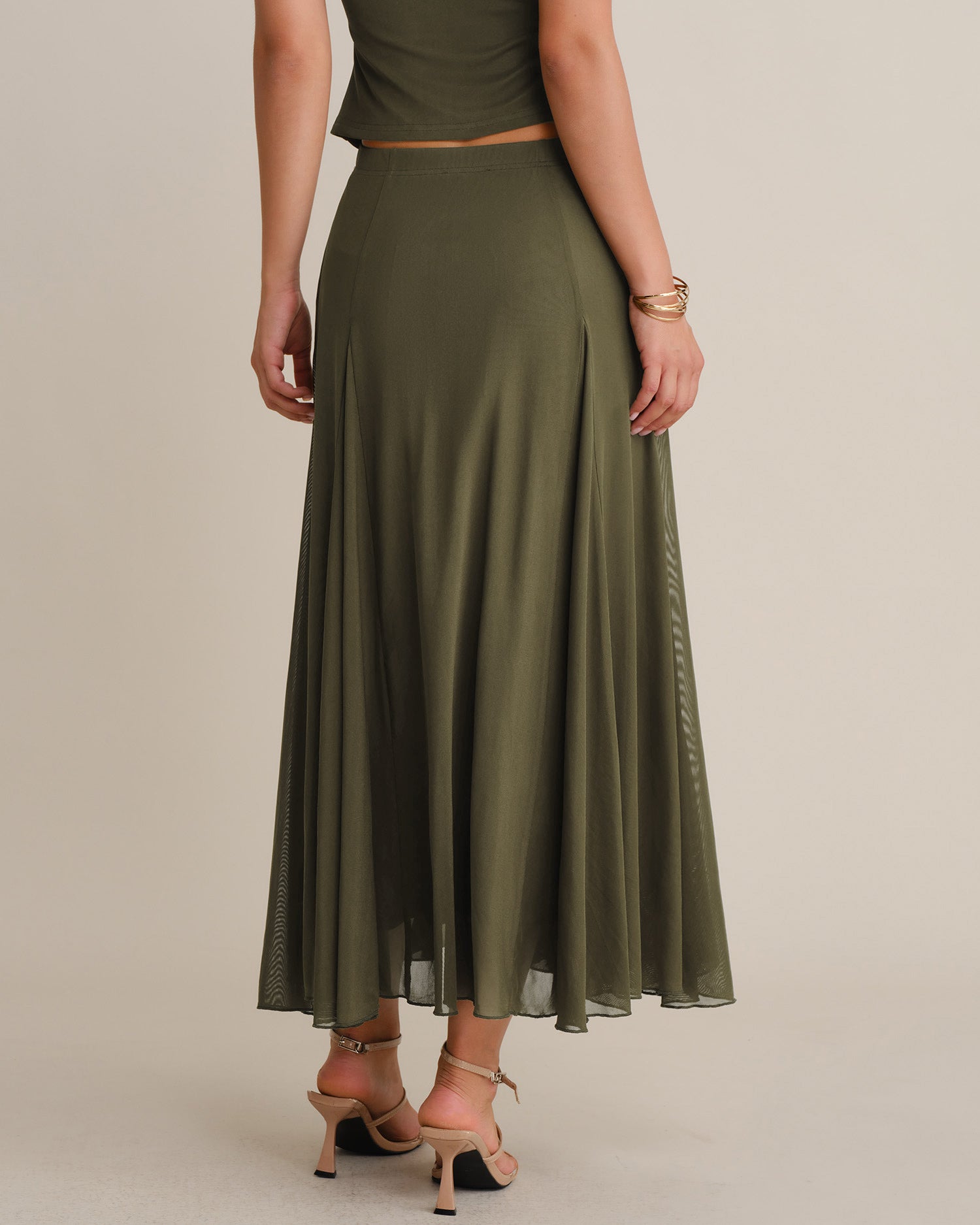 Green Mesh A-Line Midi Skirt, Elastic Waist - view 4