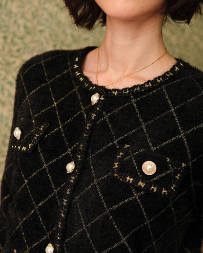 Argyle Cardigan and Mini Skirt Set in Black - view 6