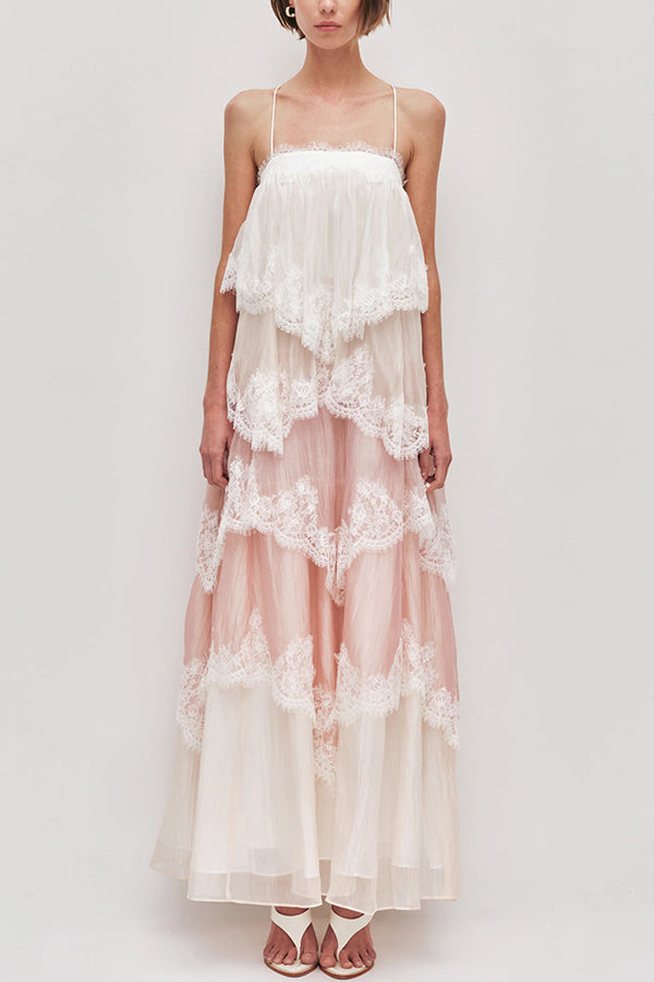 Pink Chiffon Lace Backless Tiered Maxi Dress - view 5