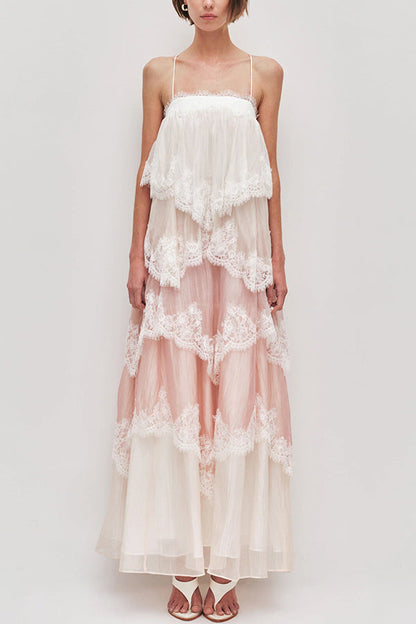 Pink Chiffon Lace Backless Tiered Maxi Dress - view 5
