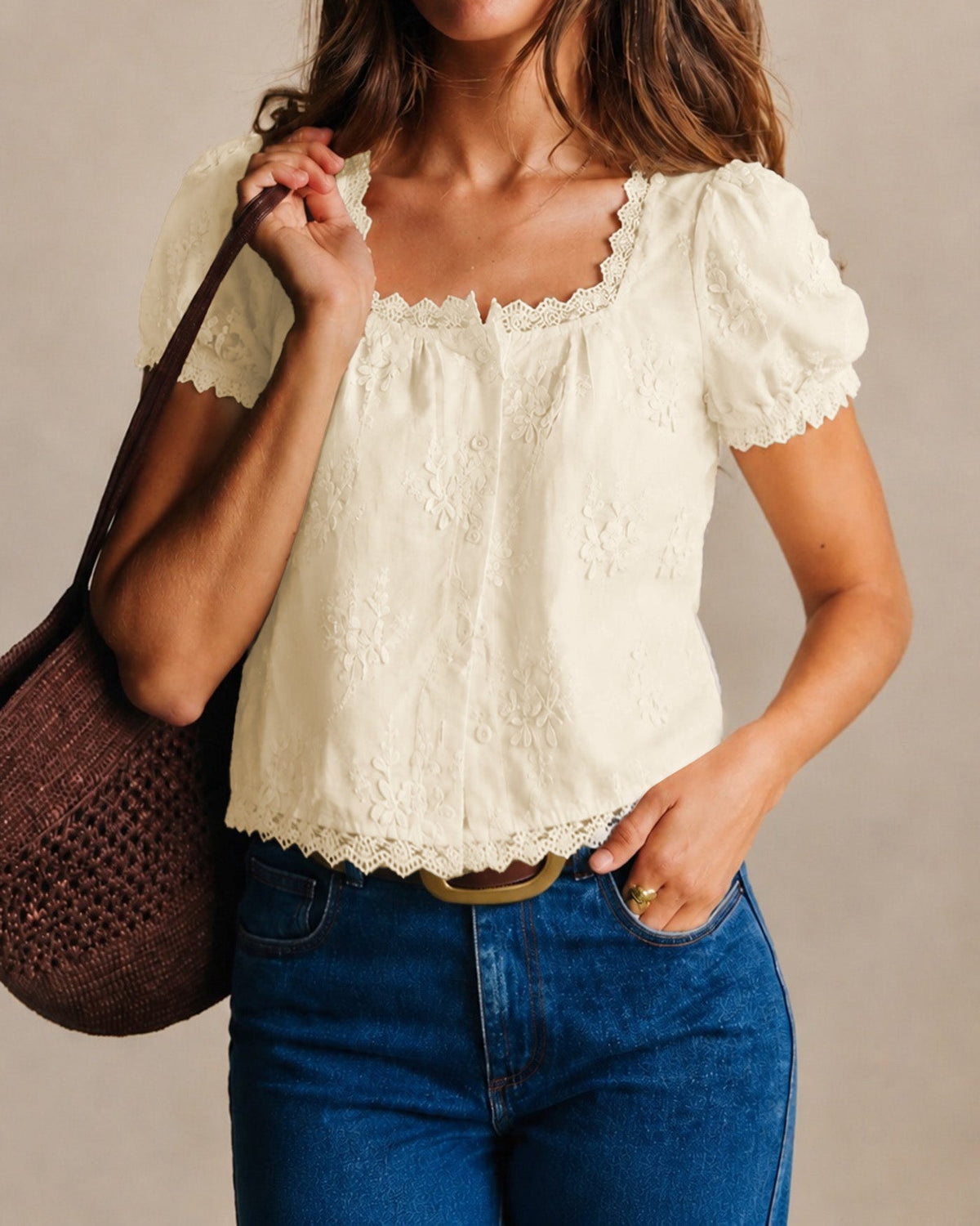 Apricot Floral Square Neck Button Tee - view 2