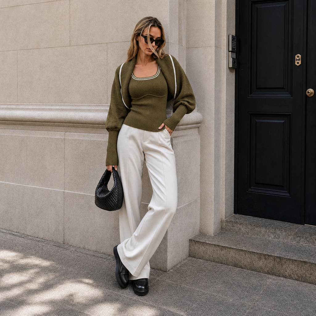 Olive wool blend shrug and tank top set - view 5