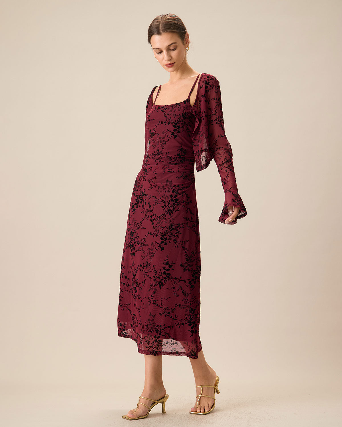 Wine red floral slip midi dress with matching cardigan - view 2