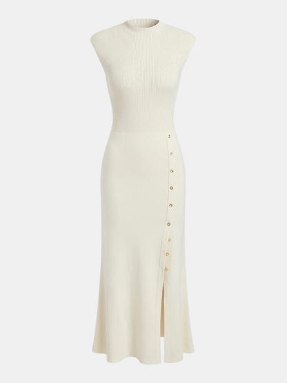 Rib knit maxi dress with cap sleeves and buttons - view 7