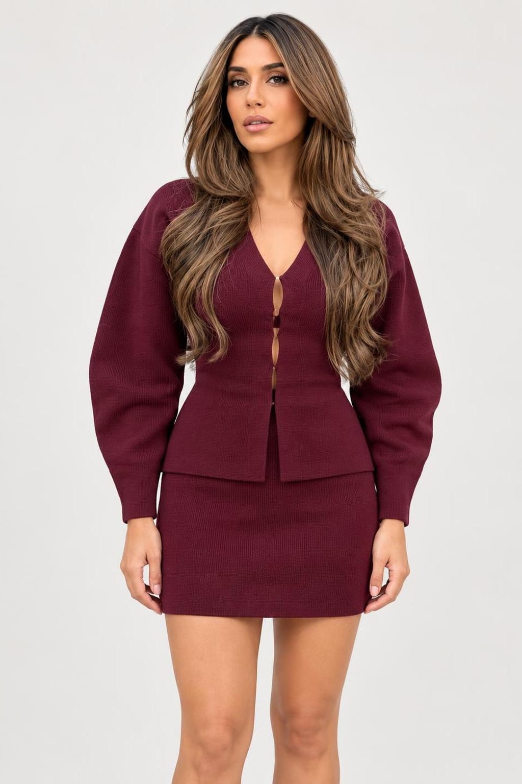 Polyester Knit V-Neck Cardigan Mini Skirt Set - 5
