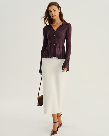 Purple ribbed knit button-front cardigan - view 5