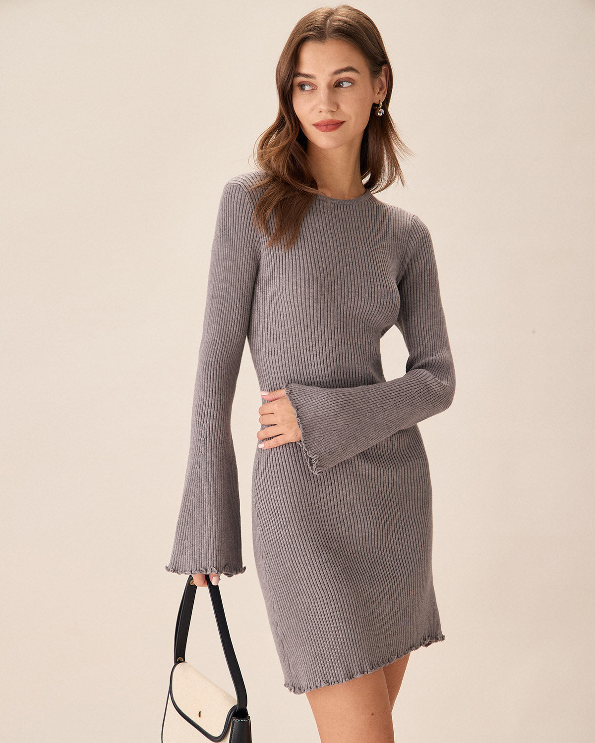 Grey Ribbed Knit Boat Neck Mini Dress - view 3