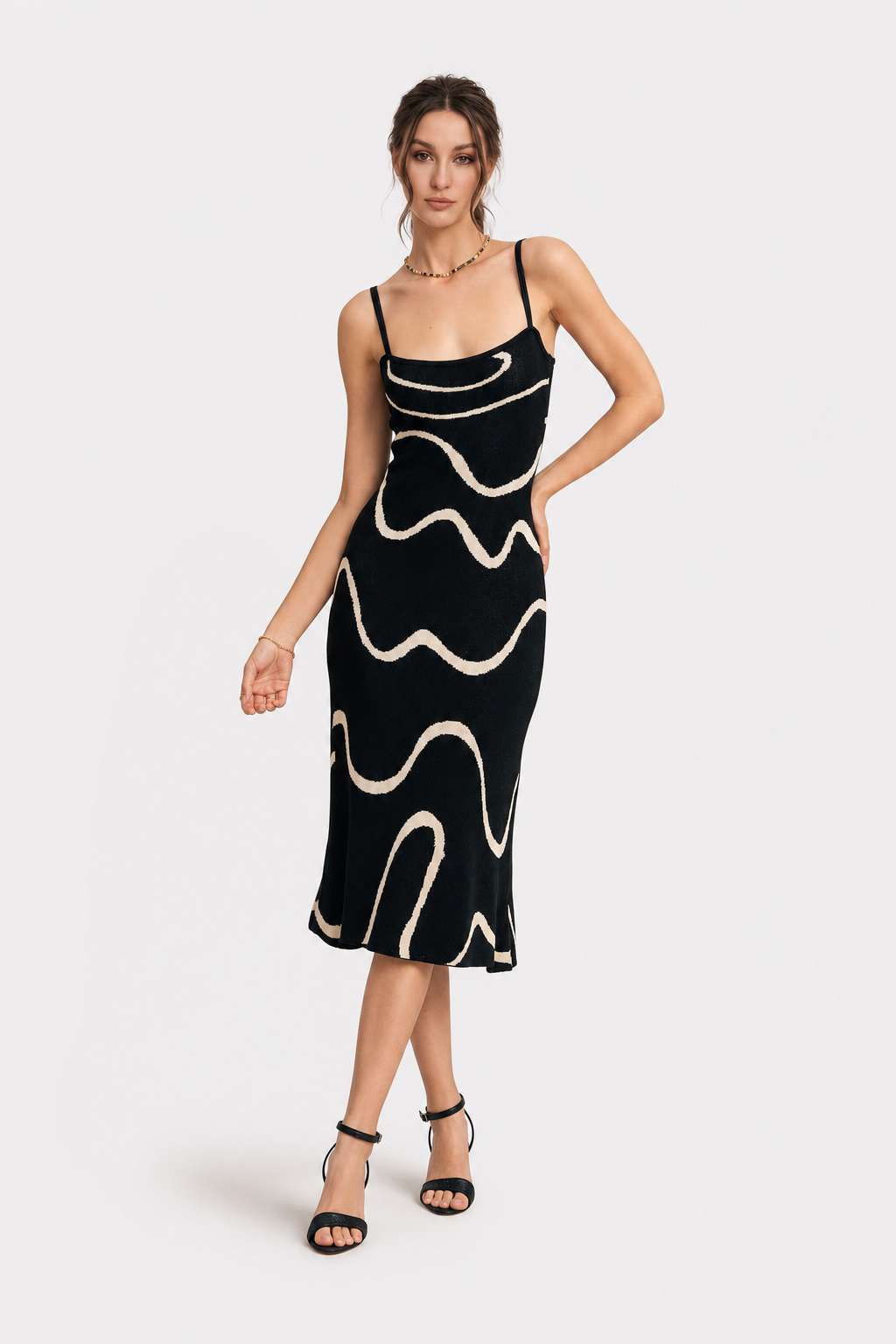 Black Cotton Modal Midi Dress, Mermaid Hem - view 2