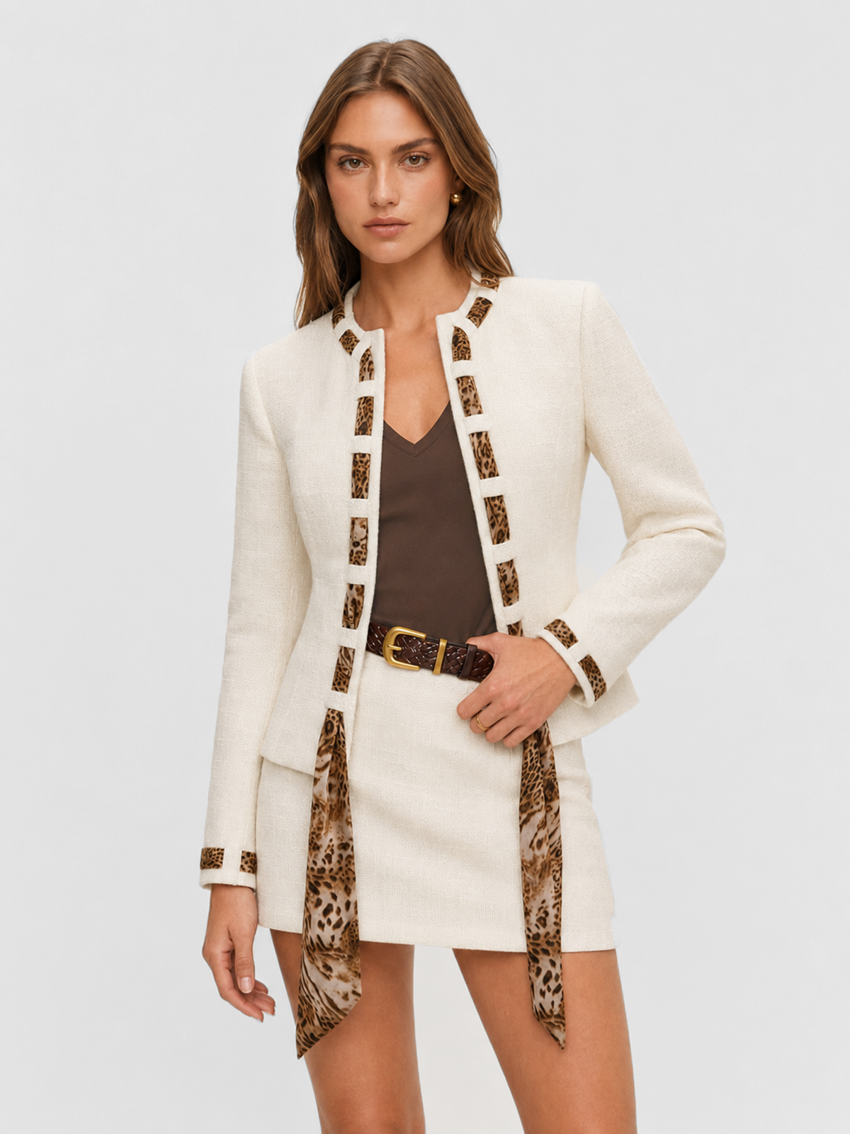Animal Print Chiffon Blazer with Kerchief Collar - view 2