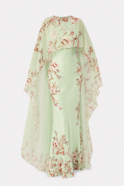 Green floral maxi dress with chiffon cape overlay