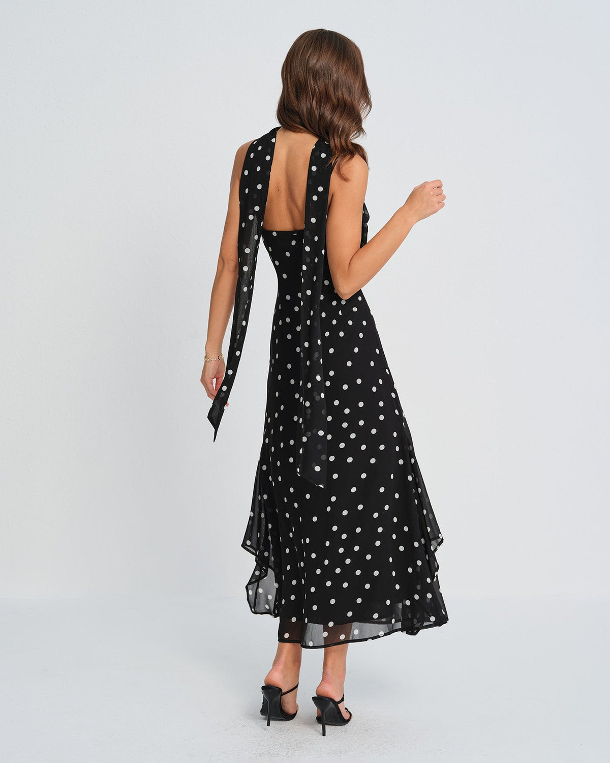 Polka Dot Slip Maxi Dress With Tie Waist - view 3