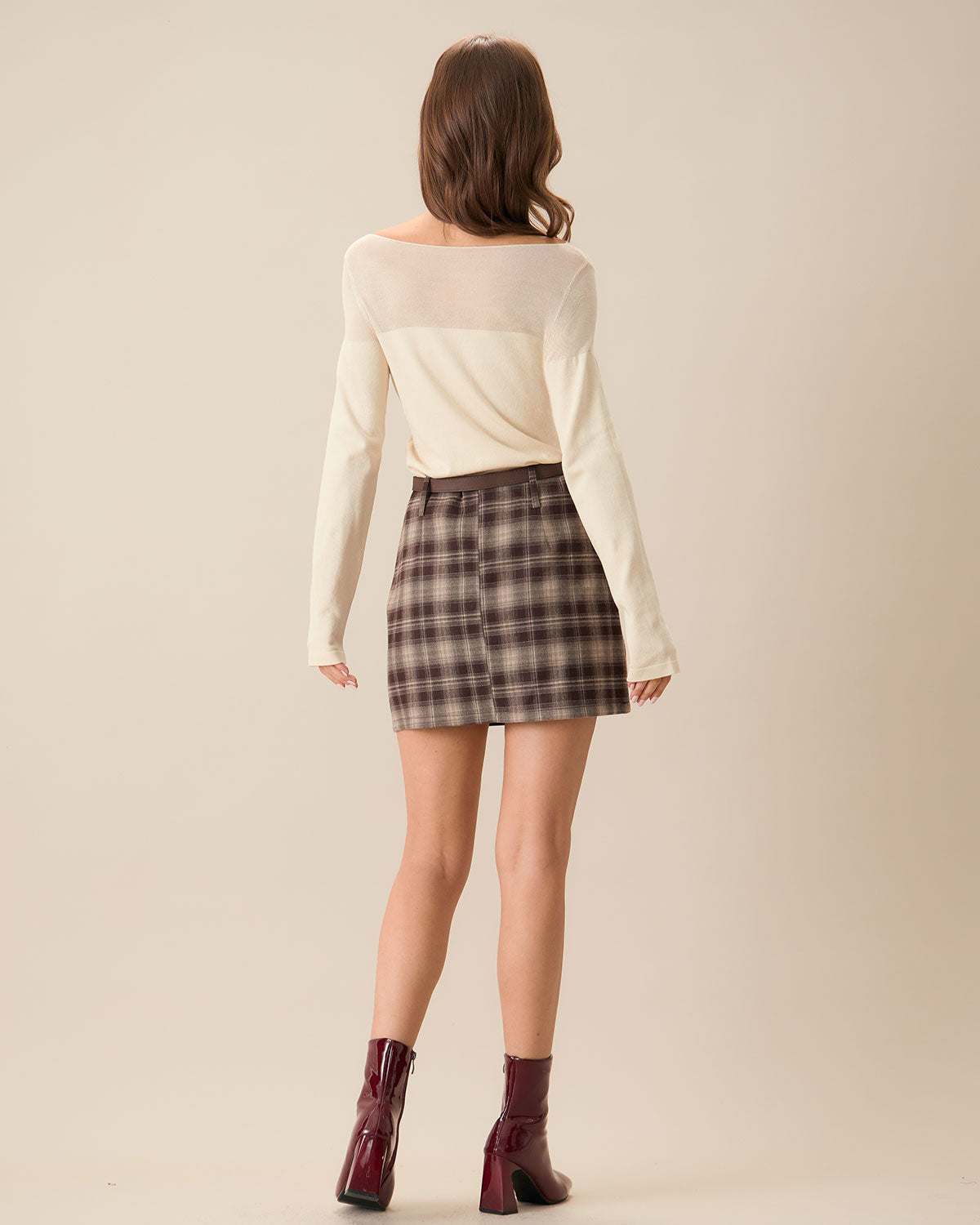 Coffee Plaid Straight Mini Skirt - view 4