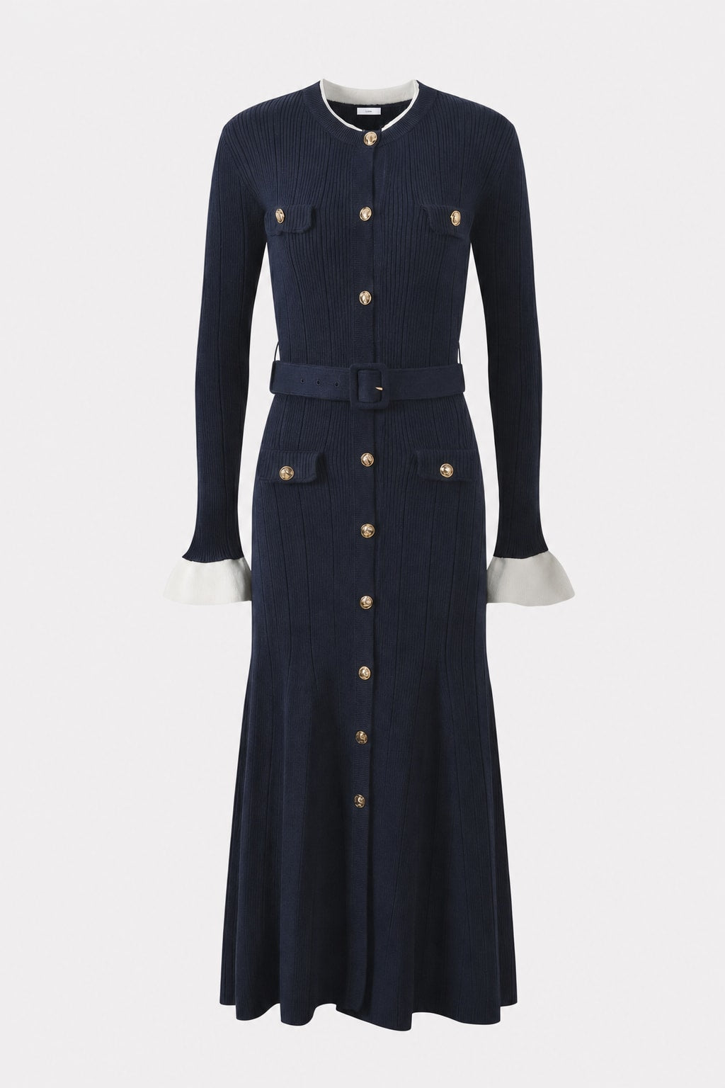 Acrylic Blend Belted Long-Sleeve Midi Dress - 1