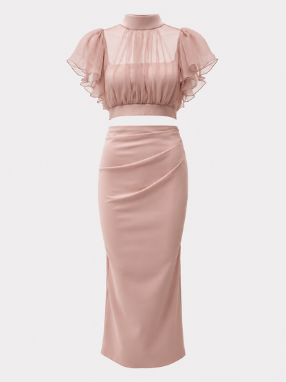 Sheer ruffle sleeve two-piece midi set