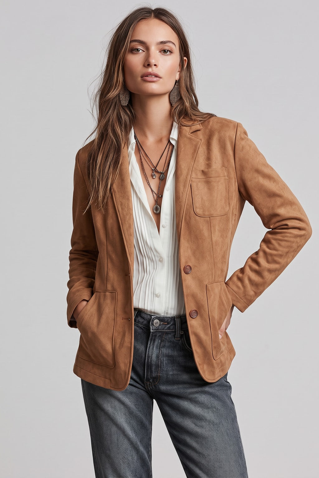 Suede Blazer Tailored Fit Classic Button Front - 3