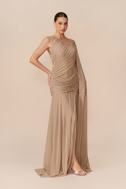 Draped Cape Sleeve Mesh Maxi Dress in Khaki - view 2