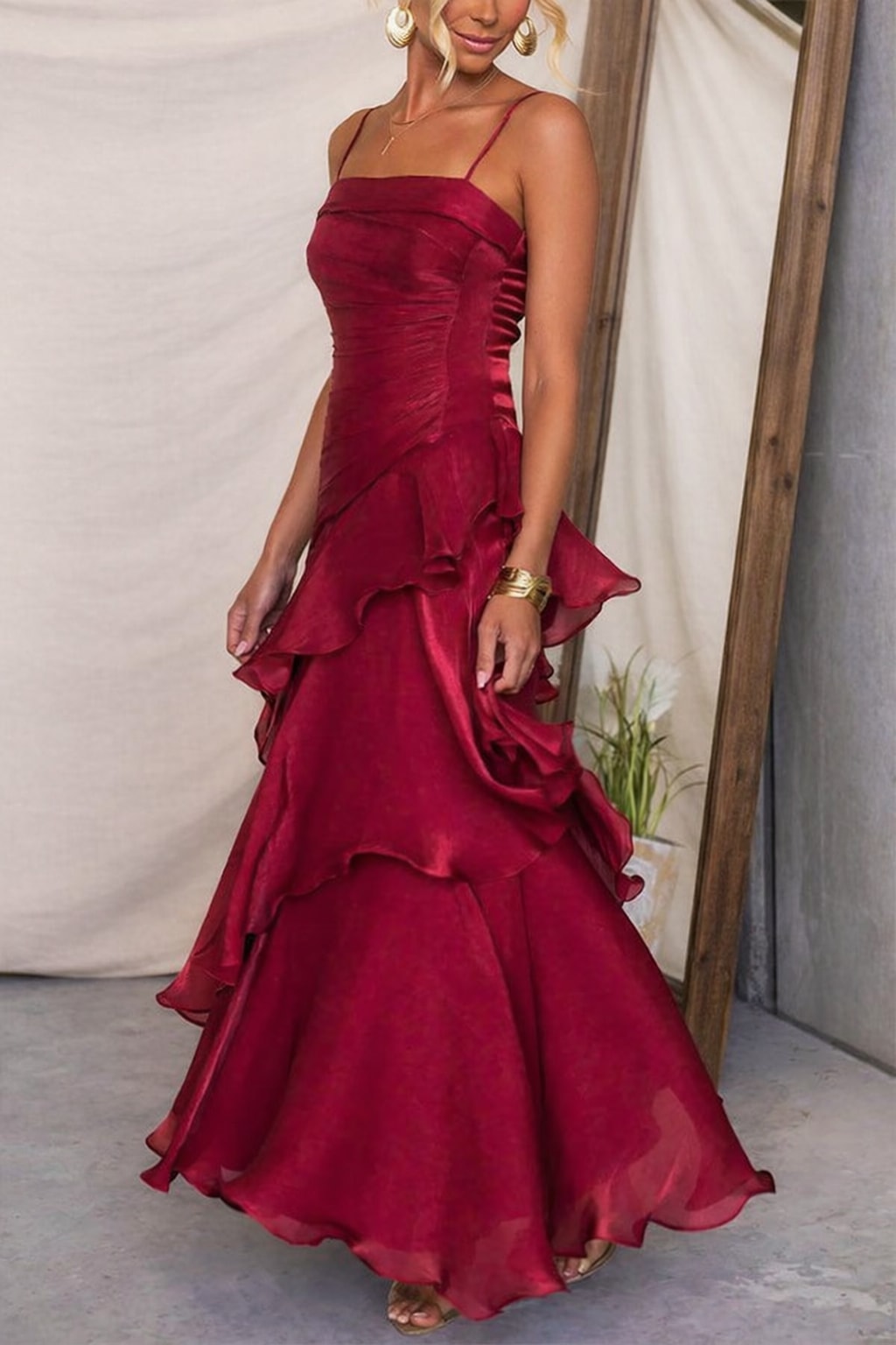 Polyester Maxi Dress With Square Neck And Ruffles - 3