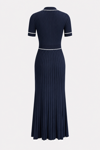 Blue Rib Knit Midi Dress, Contrast Collar - view 6