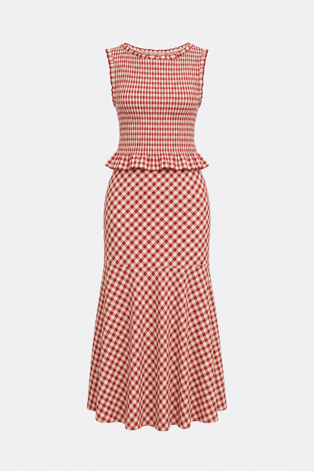 Red plaid shirred sleeveless top with boat neck