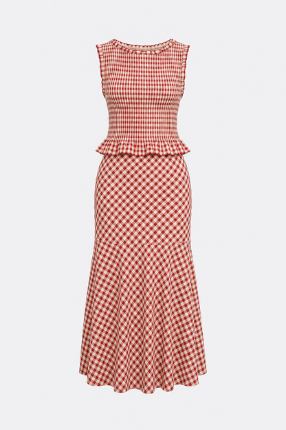 Red plaid shirred sleeveless top with boat neck