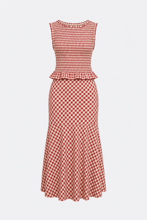 Red plaid shirred sleeveless top with boat neck