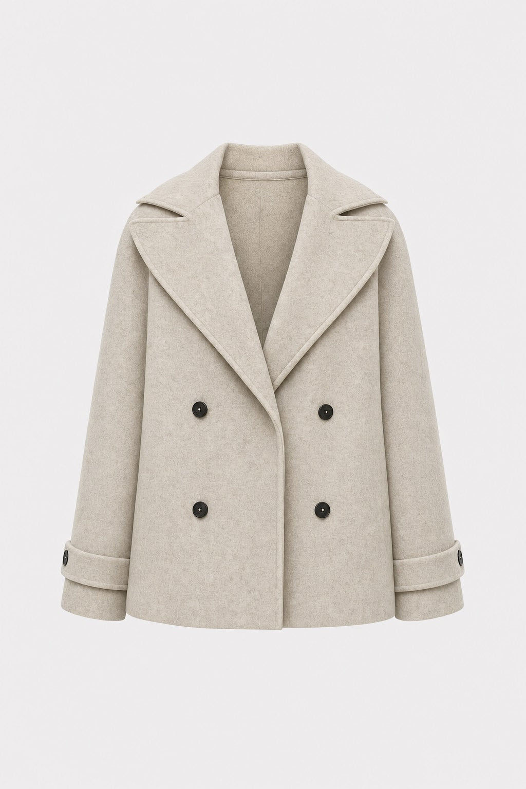 Beige Wool Blend Pea Coat with Notched Collar - 1