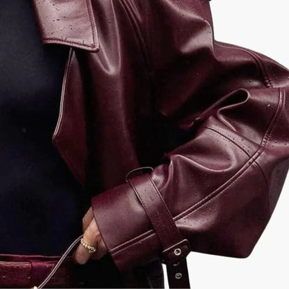 Belted Cropped Leather Biker Jacket in Brown - view 5