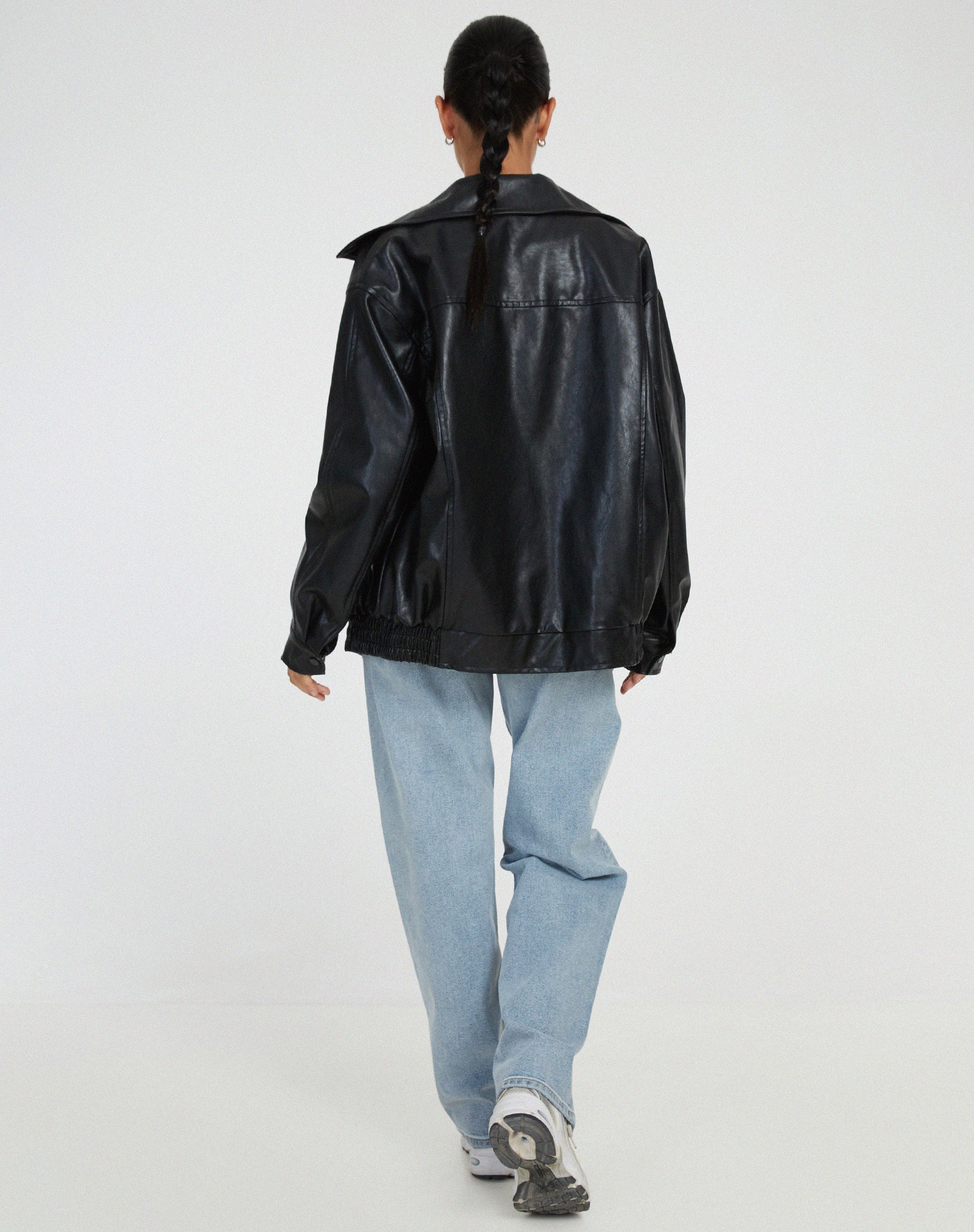 Oversized Collared Faux Leather Jacket - view 6