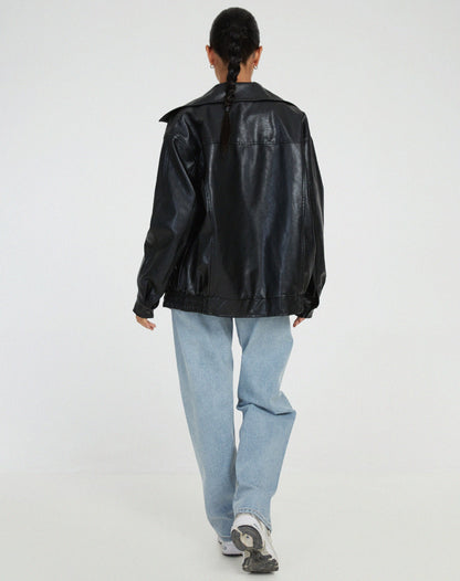 Oversized Collared Faux Leather Jacket - view 6