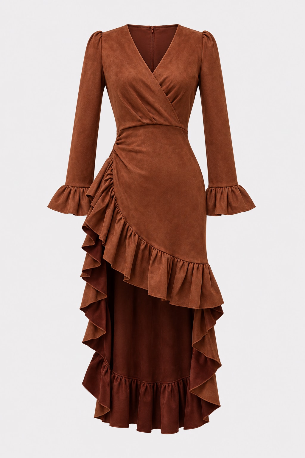 Wrap Dress Brown Boho Chic Ruffled Hem - 1