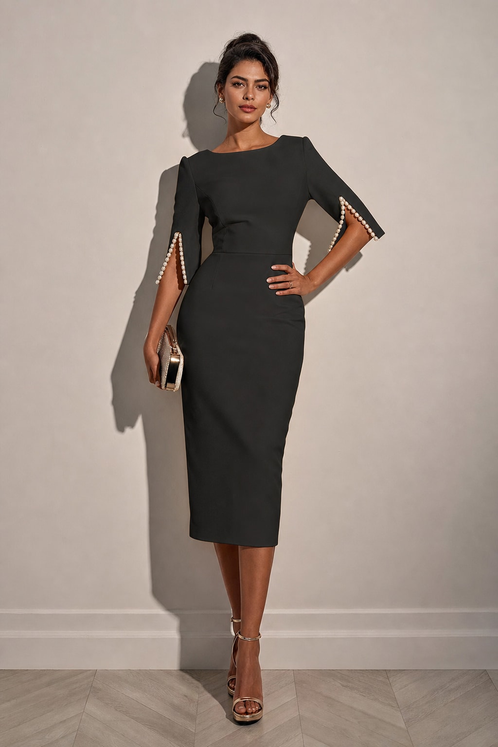Pearl-Embellished Sheath Midi Dress With Crew Neck - 9