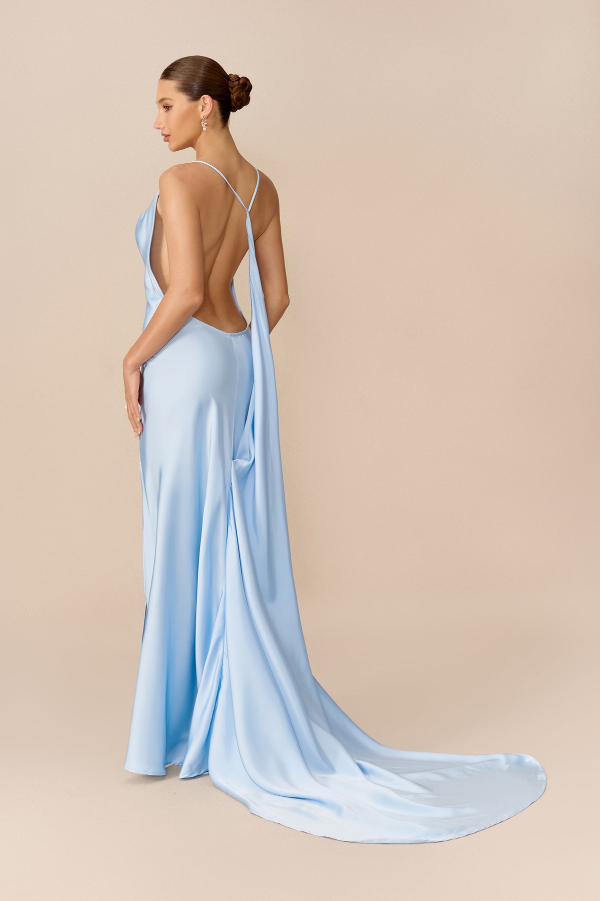 Blue satin cowl neck maxi dress with high side slit - view 4