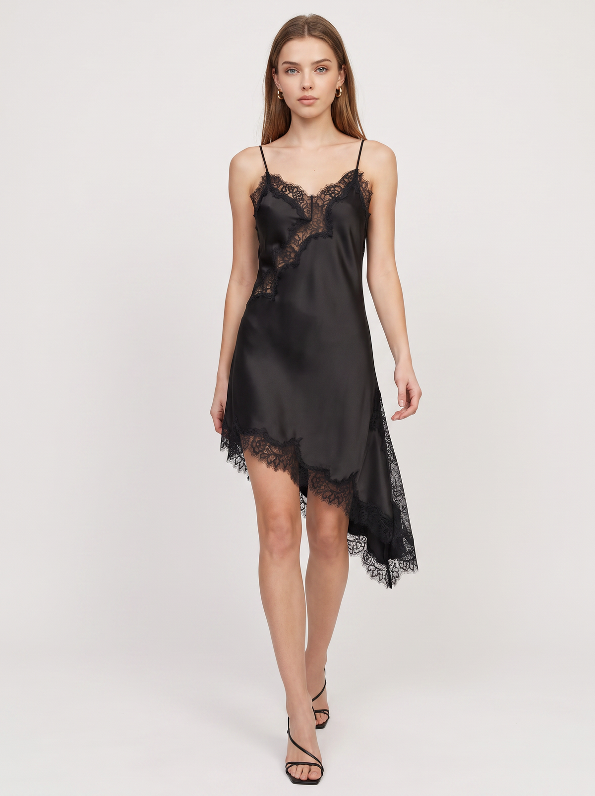 Satin slip mini dress with asymmetrical lace hem - view 3