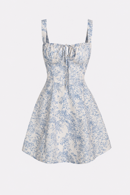 Blue Floral Ruched Corset Mini Dress