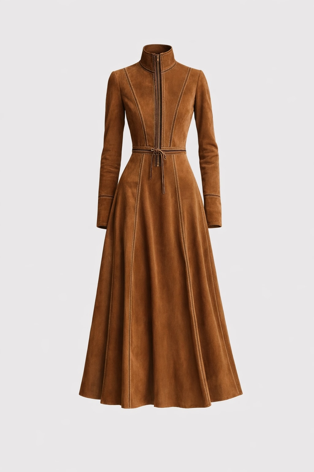 Polyester Midi Dress With Stand Collar And Half Zip - 1