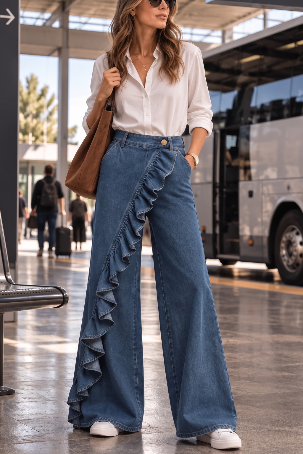 Denim Wide Leg Jeans With Ruffle Trim - 6