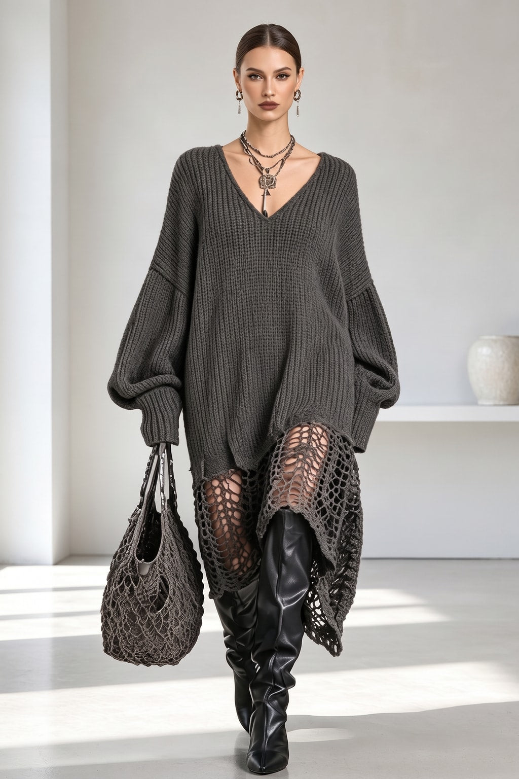 Knit Sweater Midi Dress With Asymmetrical Cutout Hem - 2