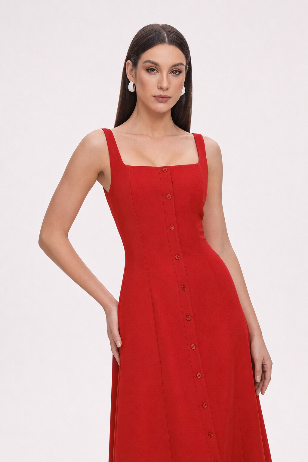 Red square neck maxi dress with button front - view 2
