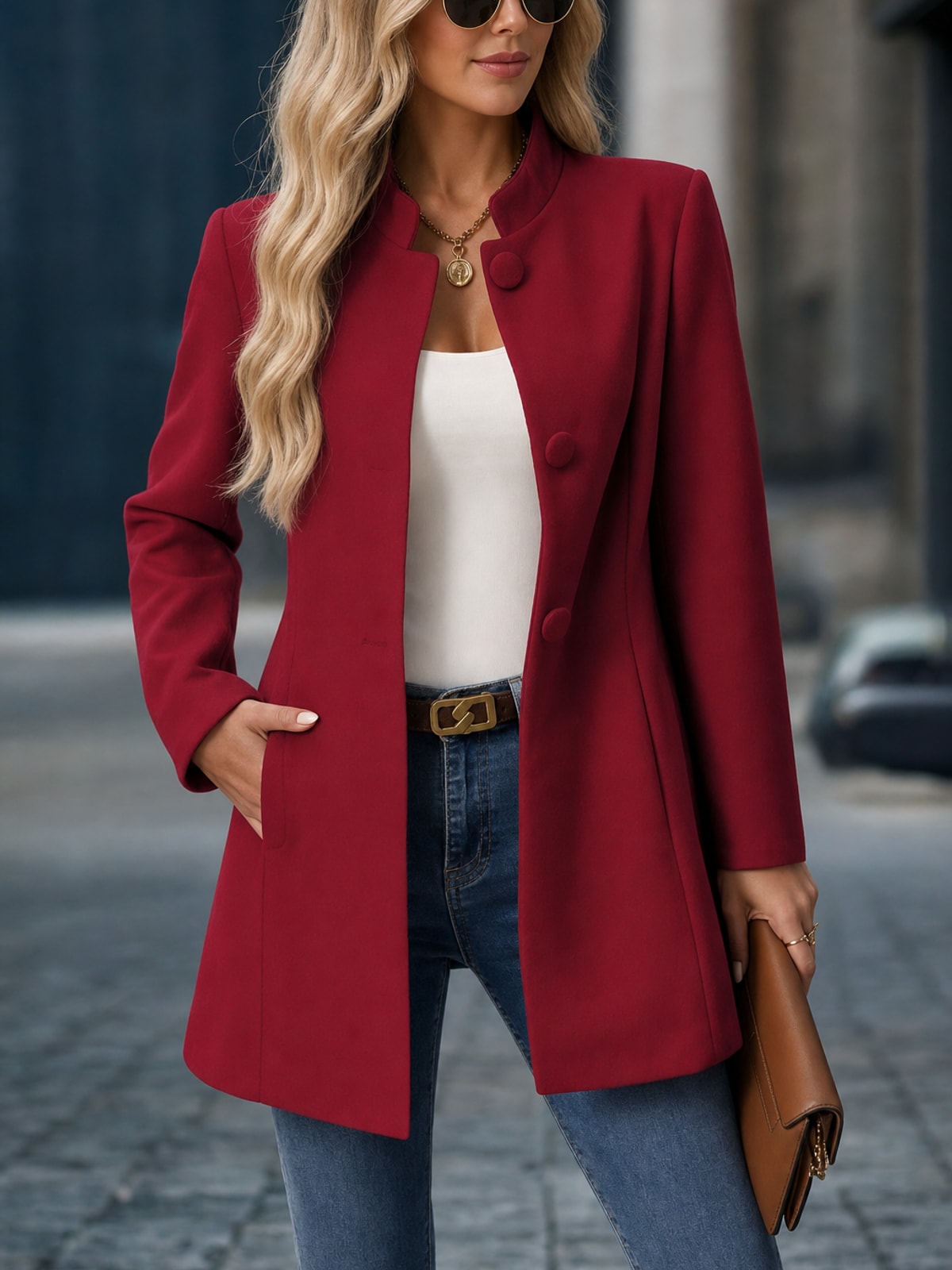 Cozy Women's Stand Collar Coat With Tailored Fit & Pockets - 7